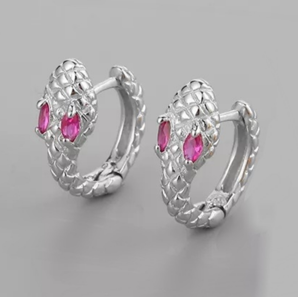 🐍Serpent Snake Hoop Stacking 925 Sterling Silver Pink Zircon Eyes